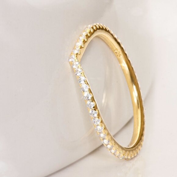 Gold Simulated Diamond Chevron Stacking Band Ring, CZ Dainty Stacking Band Rings - Picture 2 of 7
